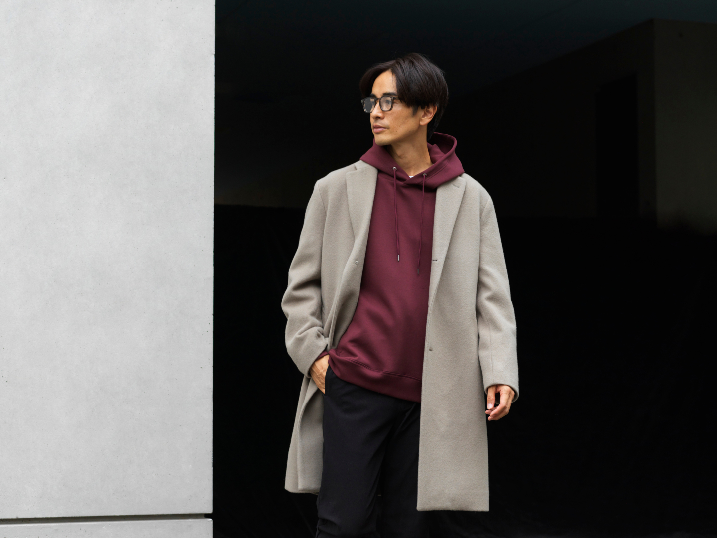 Shogoさんをモデルに撮影したMEN’S MELROSE 2023 WINTER LOOKのビジュアルより。